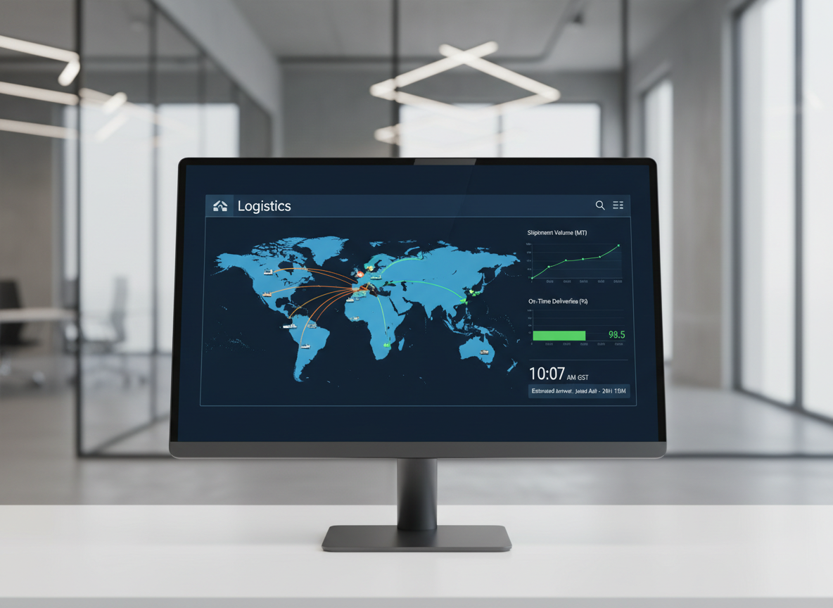 A close-up view of a sleek digital logistics dashboard displayed on a slim, dark-gray monitor standing on a minimalist white desk. The screen shows a world map with bright, highlighted routes connecting China to various Middle Eastern ports, live tracking icons, and clean data charts. The background is a softly blurred, modern office interior with glass surfaces and subtle reflections, emphasizing a high-tech environment. Neutral daylight from a large unseen window creates soft, even illumination with minimal shadows, reinforcing clarity and professionalism. Shot at an eye-level angle with shallow depth of field in photographic realism, the scene feels precise, organized, and trustworthy, ideal for illustrating online logistics tracking functionality.